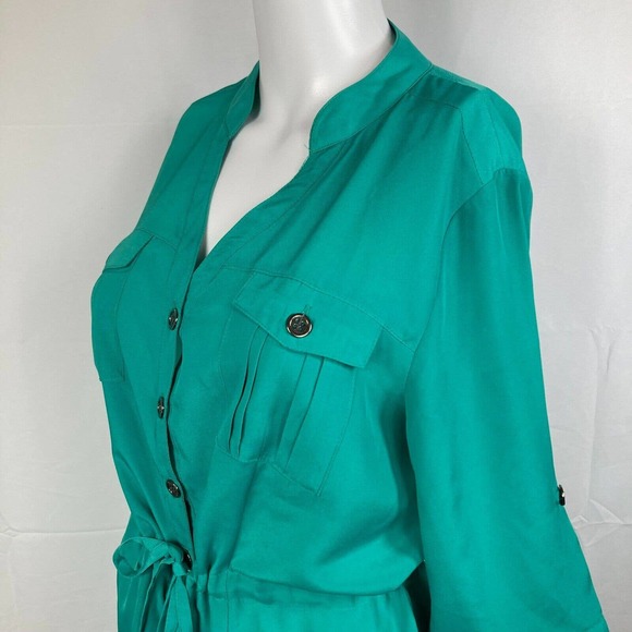 Beige‎ ECI Dress Womens Sz 10 Green Shirt  Drawstring Waist Buttons Pockets - Picture 4 of 10